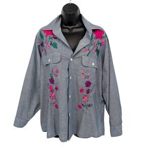 Vintage 80s Floral Embroidered Button Up Shirt Size M JC Penney Big Mac Chambray